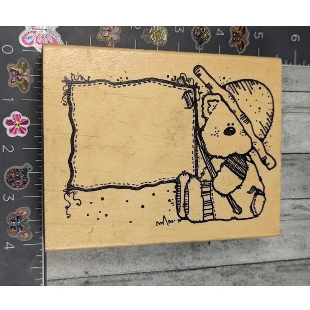Hook Lines Inkers Bumpkin Bear Sack Overalls Rubber Stamp Wood #F10